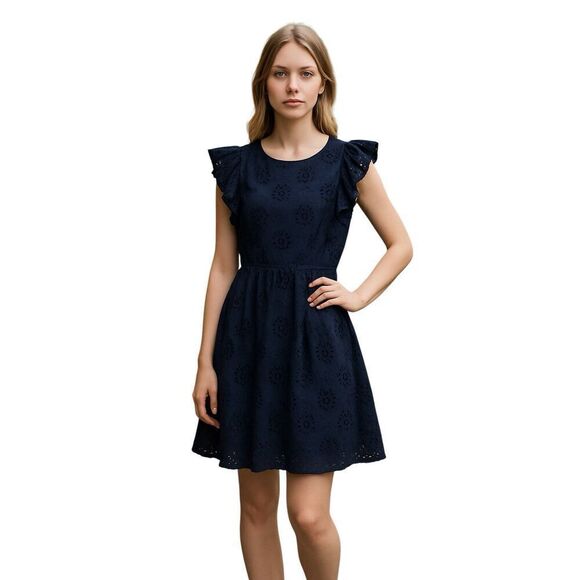 Chris McLaughlin Dresses & Skirts - Chris McLaughlin Women's Flutter Sleeve Eyelet Ruffle Front Navy Blue Dress 6